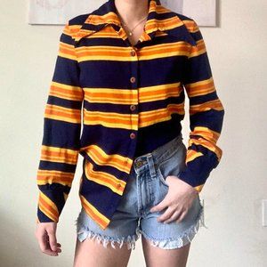Navy and orange striped vintage 70s collared long sleeve shirt